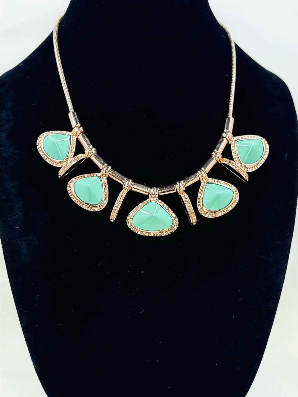 Nicole Miller Rose Gold-Tone Necklace W/Green Drop Pyramids & Rhinestone Halos